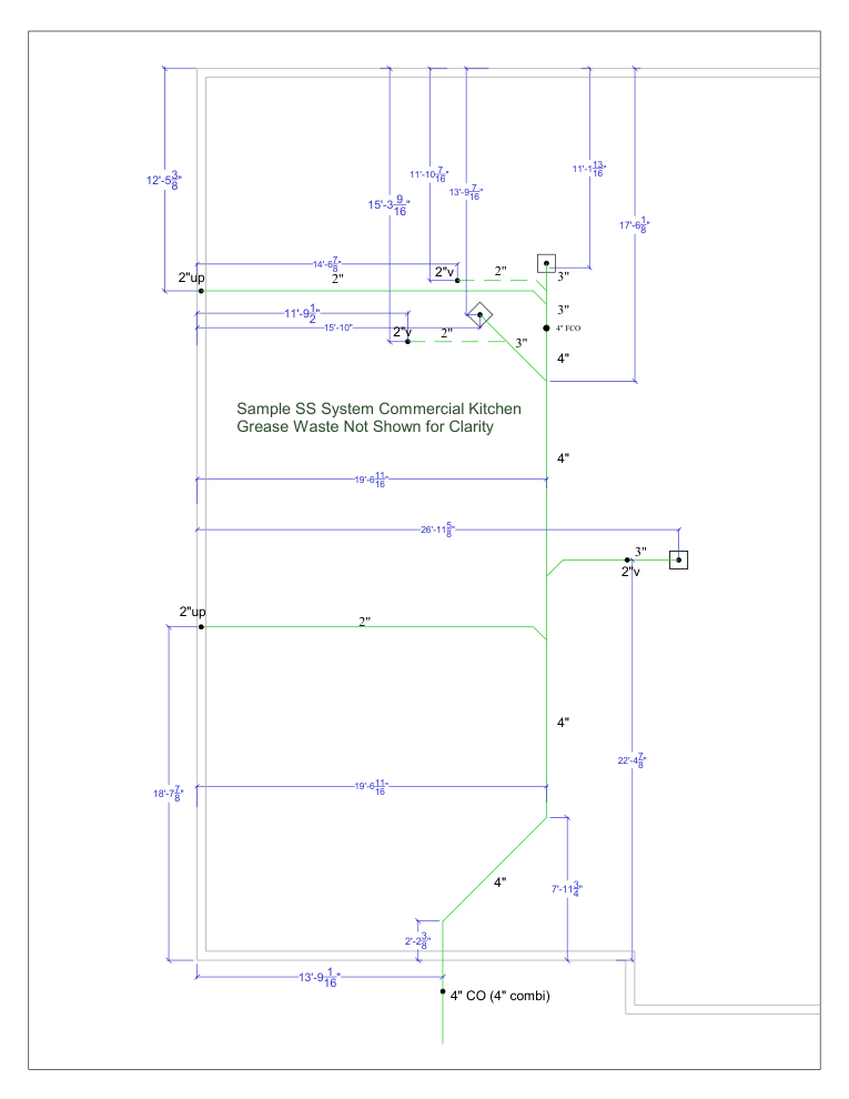 Commercial kitchen sanitary system field layout showing dimensions from building reference walls